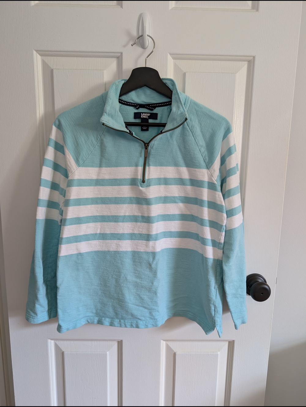 Lands' End Women's Light Aqua and White Striped Half-Zip Pullover Medium